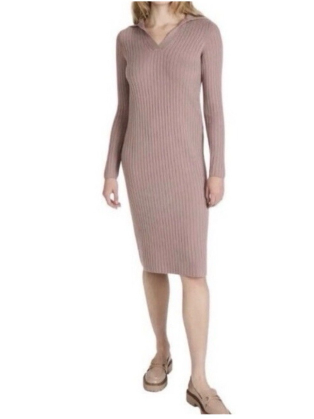 Vince Ribbed V-Neck Midi Dress - Dusty Rose